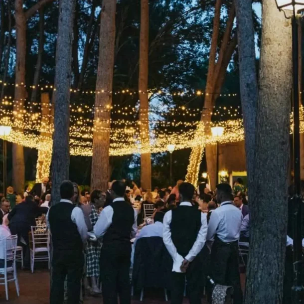 Cena al aire libre con numerosos invitados bajo un techo de luces cálidas entre los árboles